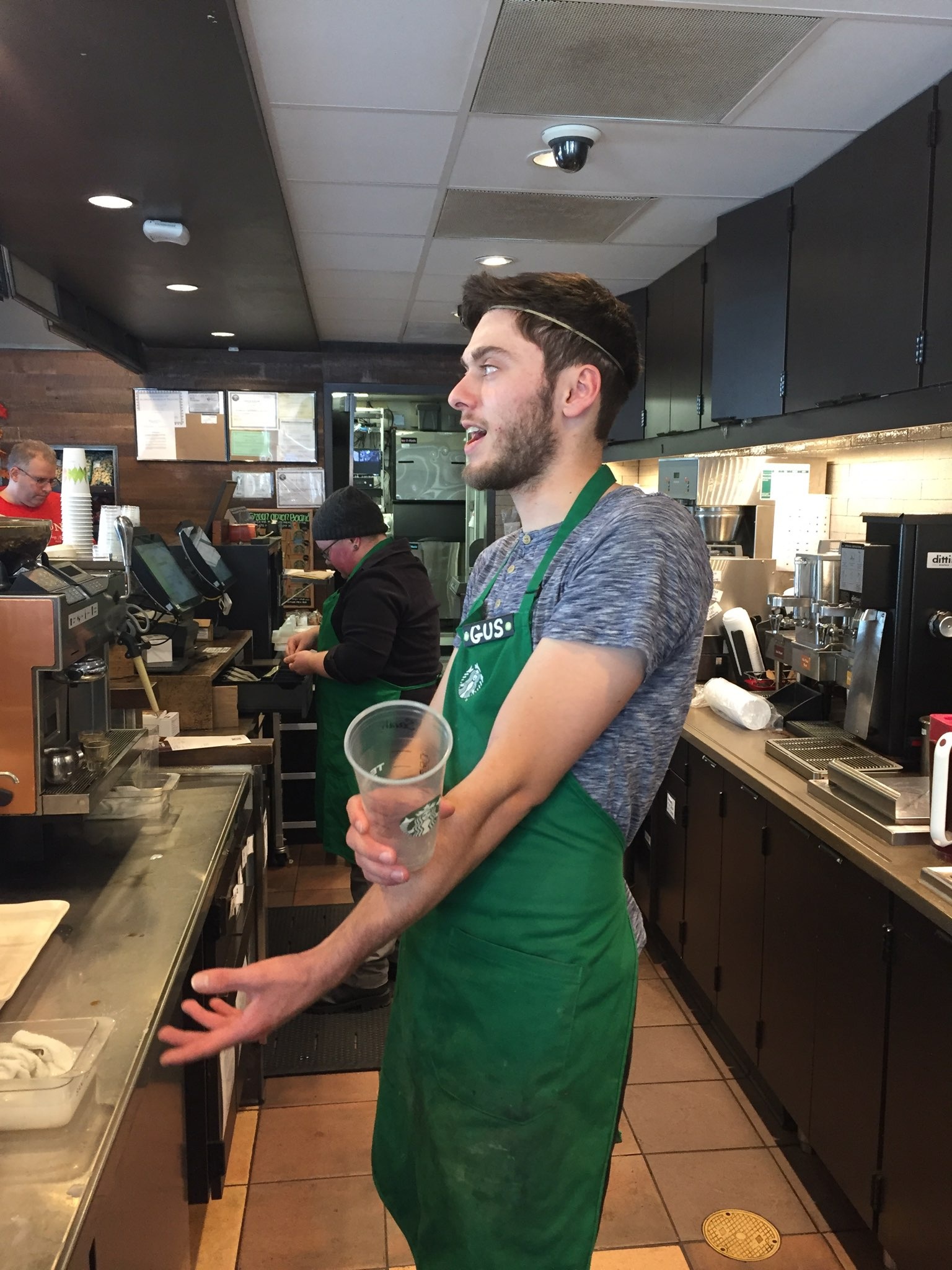 Gus working at Starbucks in 2017